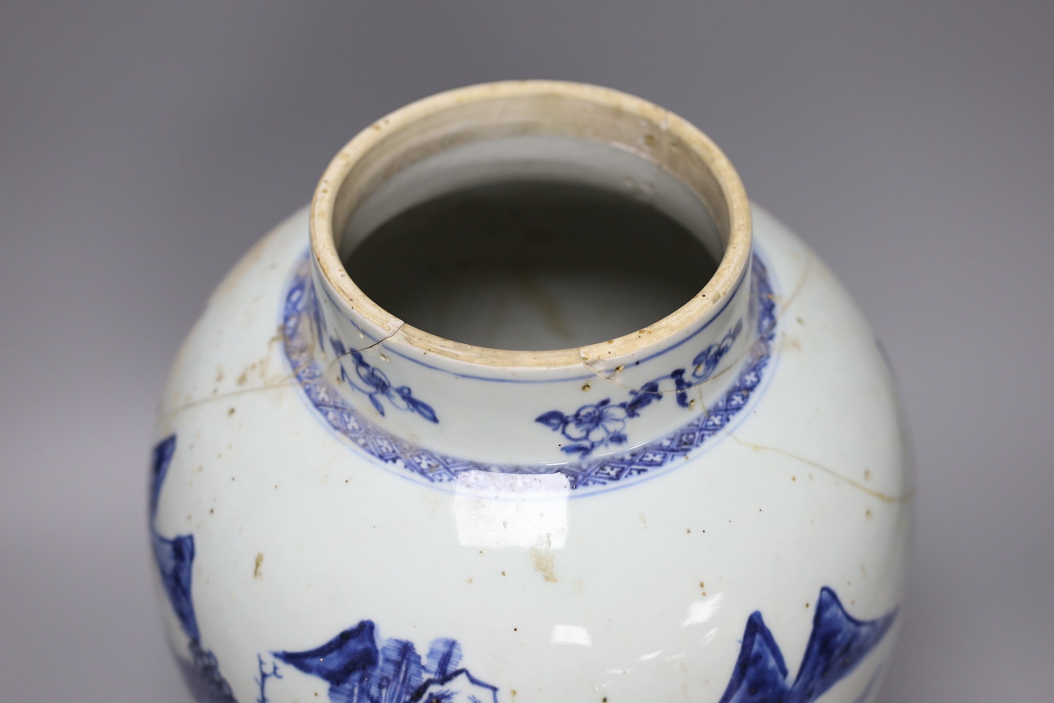An 18th century Chinese blue and white baluster jar, a.f., height 35cm